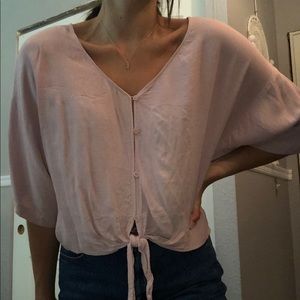 Pale Pink Short Sleeve Blouse with Front Tie